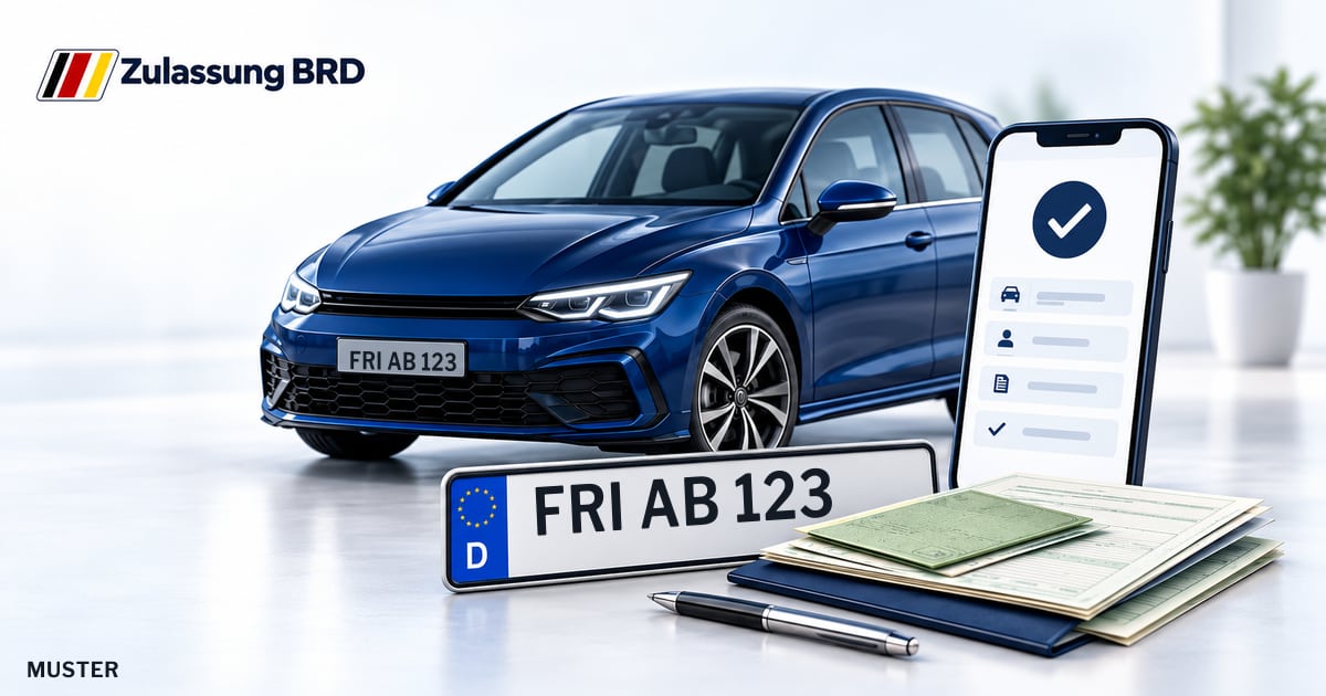Online Fahrzeugzulassung in Schortens: Musterkennzeichen FRI AB 123, Auto und Fahrzeugpapiere und Smartphone. Illustration mit Logo von Zulassung BRD.